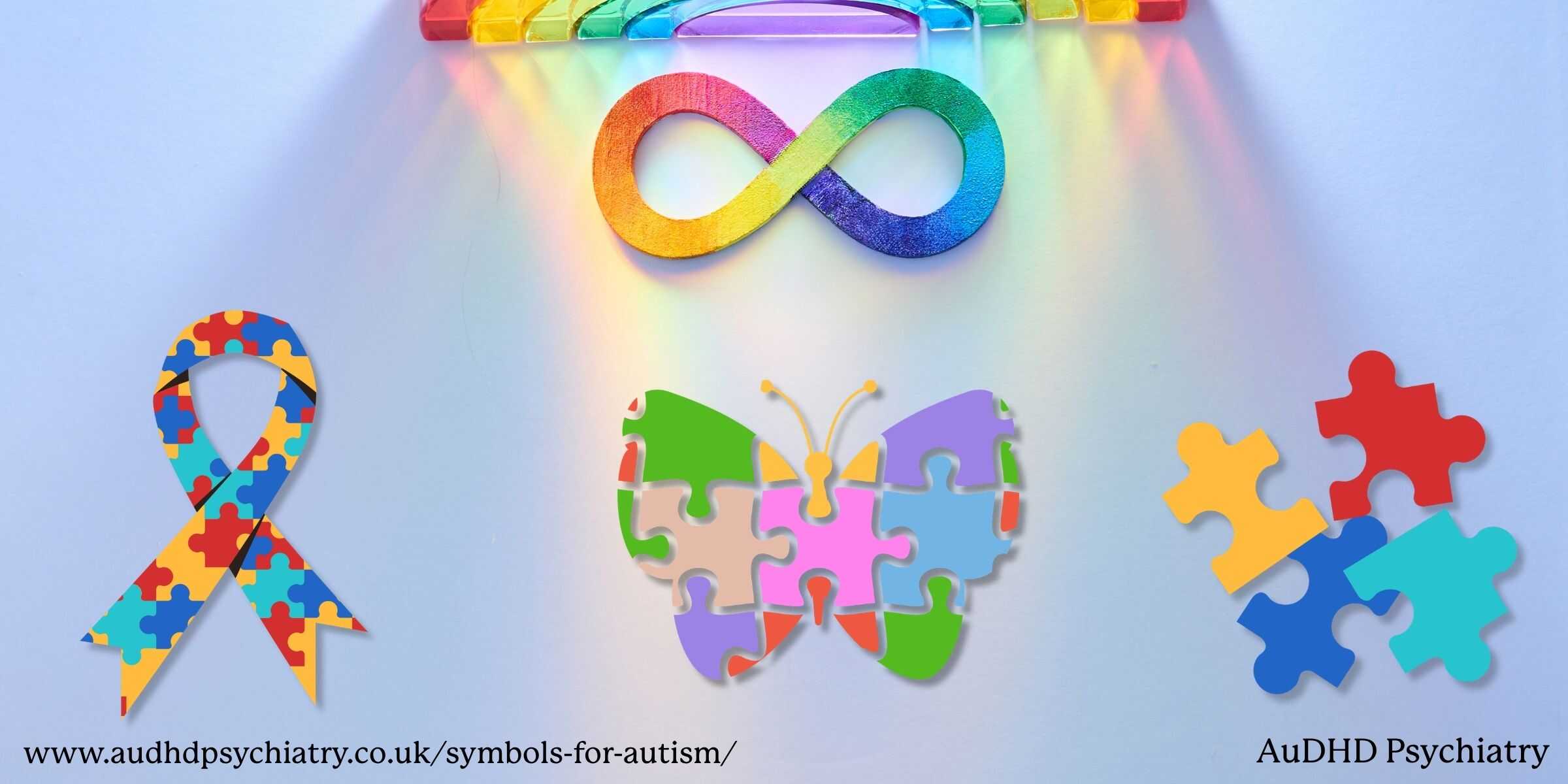 Autism symbols including infinity sign, puzzle ribbon and puzzle pieces representing neurodiversity