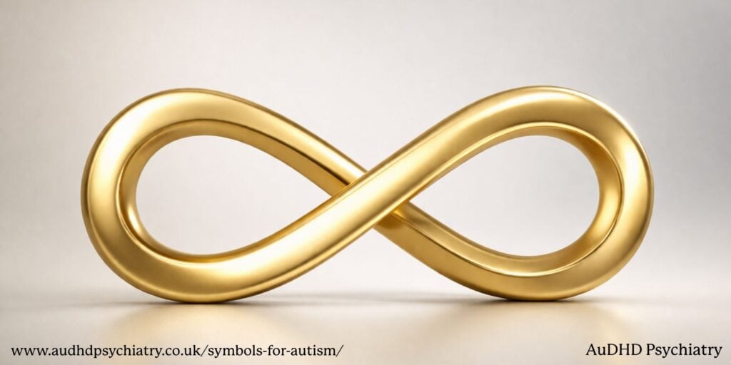 Gold infinity symbol used as a symbol for autism and neurodiversity acceptance