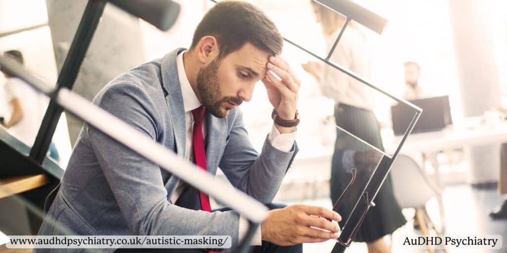 Stressed businessman showing burnout associated with long-term autistic masking