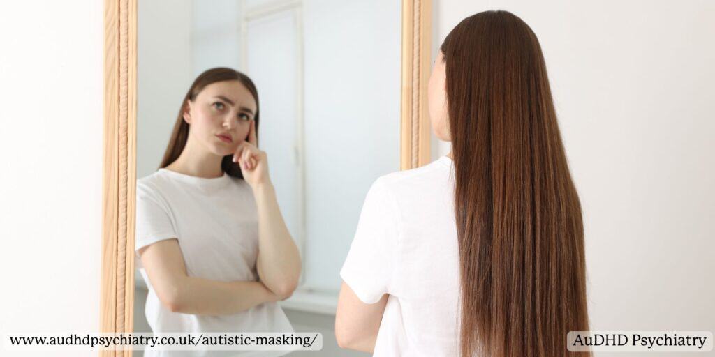 Young woman looking in mirror symbolising autistic masking and identity confusion