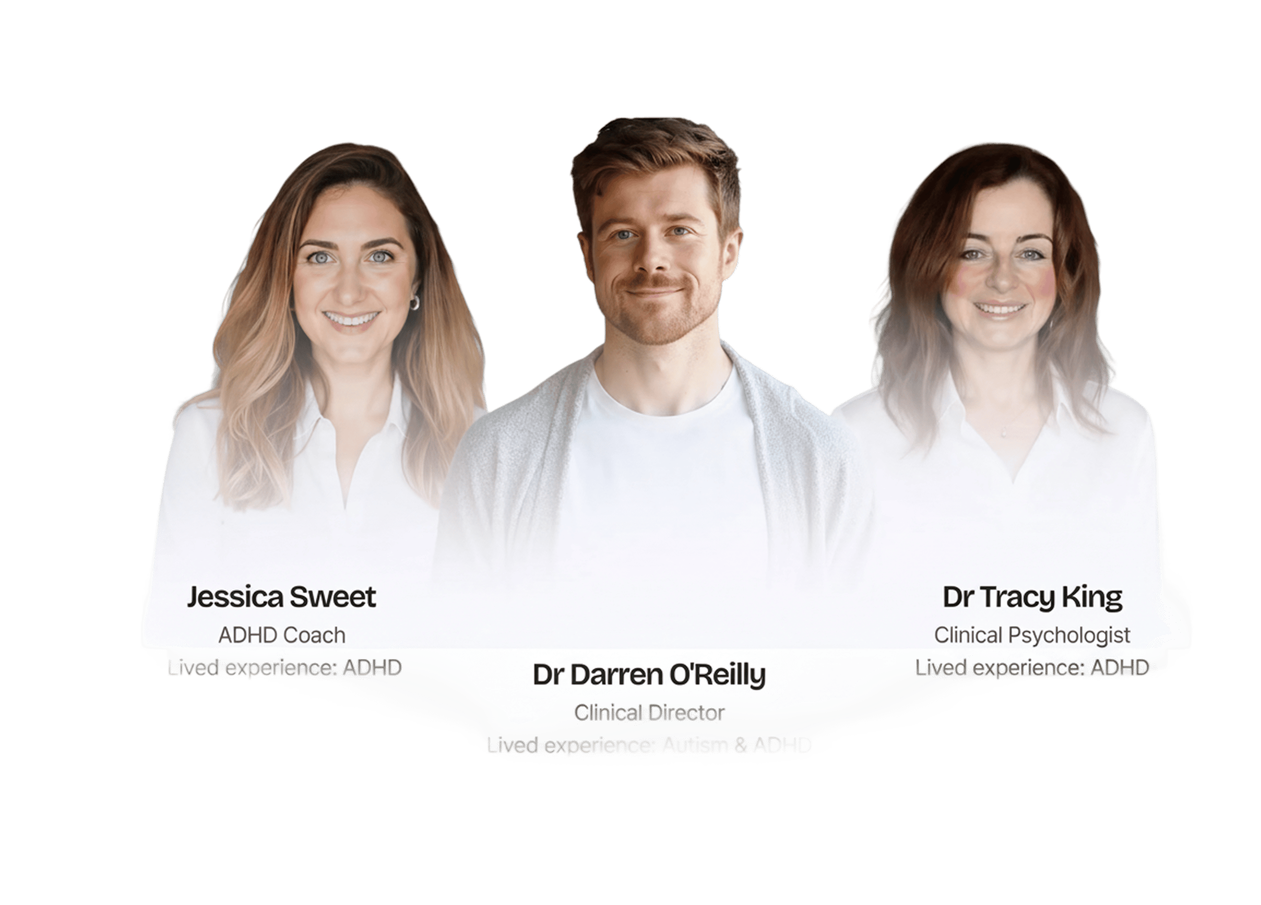Clinical neurodivergent assessment team featuring Jessica Sweet, ADHD Coach, Dr Darren O'Reilly, Clinical Director, and Dr Tracy King, Clinical Psychologist