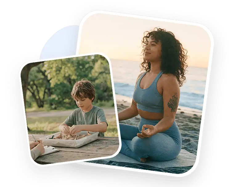 Young boy studying outdoors alongside a woman meditating, representing ADHD and autism assessment and wellbeing.
